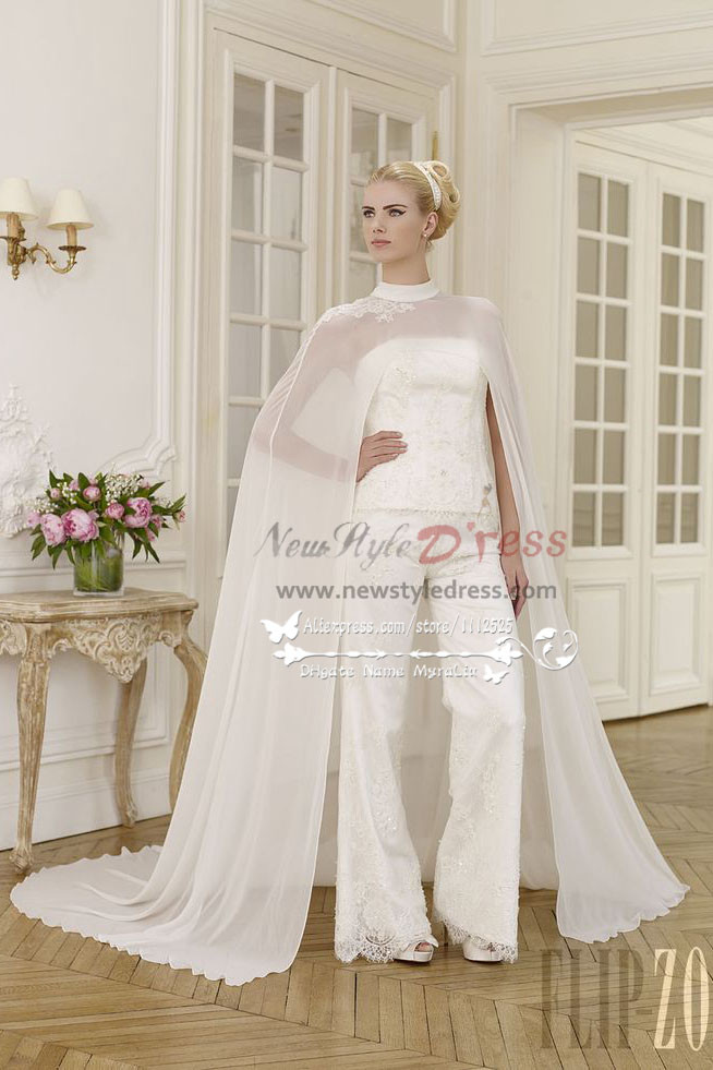 Elegant wedding pant suit lace dress with chiffon cloak wps-030