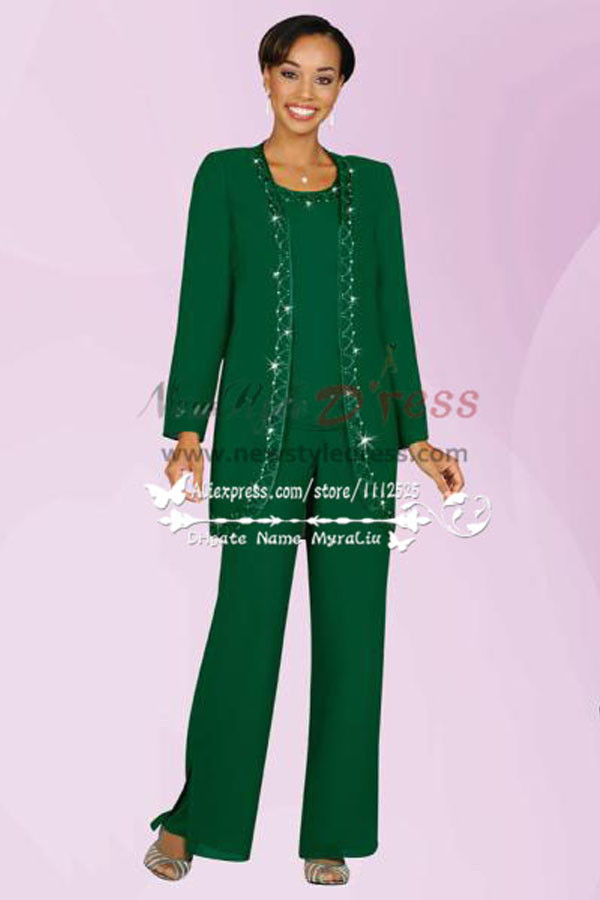 Green Three piece mother of the bride pants suit with jacket nmo-192