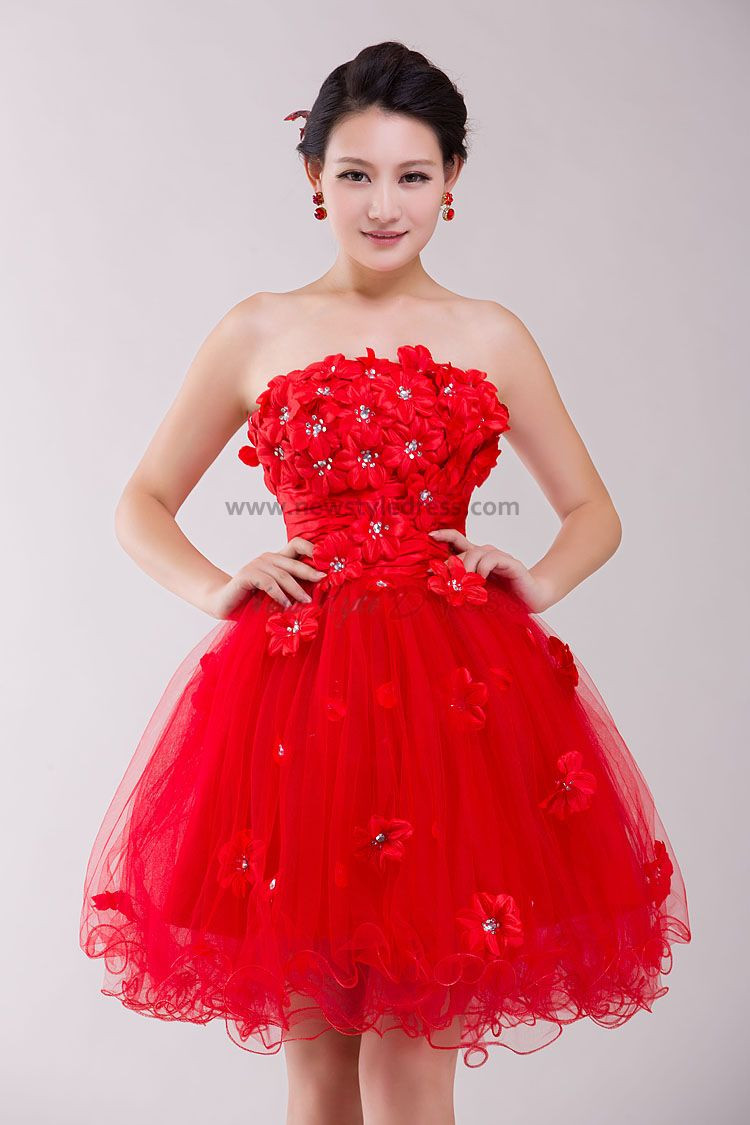 Red Strapless Handmade flower Knee-Length Ruched Homecoming Dresses nm-0200