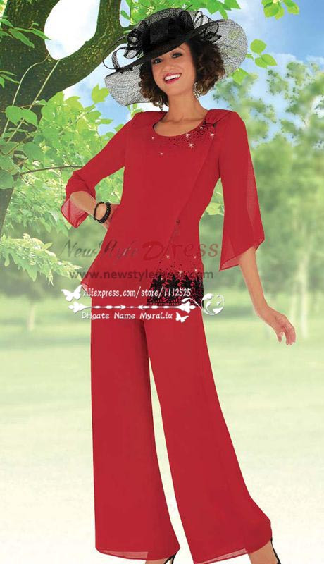 Red mother of the bride pant suit with black embroidery nmo-199