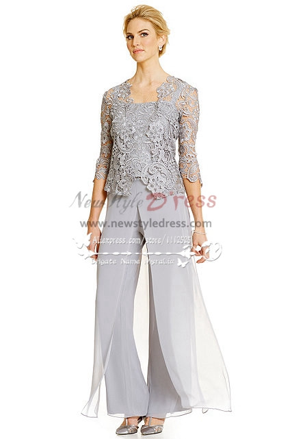 Silver grey 3PC Pantset for Summer wedding Mother of the bride pant suits with lace jacket  nmo-272