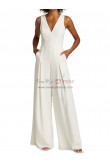 2023 V-neck Wedding Jumpsuit, Spring Modern Crepe Wide-Leg Bridal Jumpsuit with Pocket bjp-0014