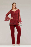 Burgundy Lace Mother of the Bride Pant Suits Blouse with Trumpet Sleeves nmo-968