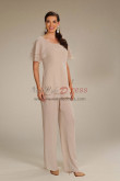 Champagne Chiffon 2PC Mother of the bride Outfit Elastic Waist Women's Panti Suits nmo-743