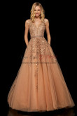 Gold Lace A-Line V-Neck Prom Dresses, Classic Empire  Wedding Party Dresses with Hand Beading Belt pds-0074-4