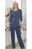 Navy Beaded Trouser outfit Elegant Mother of the bride pant suits Chiffon dress Elastic waist nmo-460