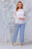 2PC White top & Sky blue pants Mother of the Bride Pant suits With Elastic waist,Ternos da mãe das calças nmo-852-5