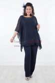 Plus Size Mother of the bride pants suit with Elastic waist Dark navy Three piece Chiffon Trousers set nmo-290