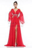 Red Deep V-Neck Prom Dresses, Glamorous Slit Wedding Party Dresses pds-0027