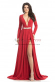 Red Deep V-Neck Sexy Evening Dresses, Long Sleeves Slit Wedding Party Dresses pds-0047-2