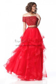 Red Off the Shoulder Chest Beaded Prom Dresses, Multilayer Ruffles Wedding Party Dresses pds-0079-1