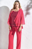 Rose Red Three Piece Chiffon Pant Suits for Mother of the Bride Wedding Guests Trouser Outfits nmo-1012