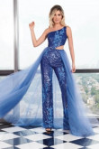 Royal blue One Shoulder prom Jumpsuits with detachable skirt Sequins wps-187