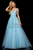 Sky Blue Lace A-Line V-Neck Prom Dresses, Classic Empire  Wedding Party Dresses with Hand Beading Belt pds-0074-5
