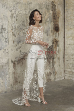 Modern Wedding Lace Jumpsuits Deep V-Neck Bride Dress With Brush Train wps-235