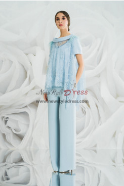 2022 Elegant Mother of the Bride Pants Suits with Lace Overlay, Sky Blue Women Wedding Guest Pant Suits nmo-912