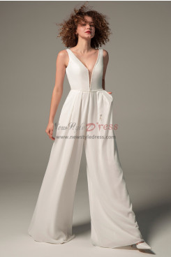 Beaded Deep V-Neck Wedding Jumpsuits For Modern Bridal With Pockets wps-312-2