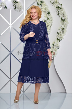 2023 2PC Mid-Calf Mother of the Bride Dresses, Dark Blue Half Sleeves Lace Wedding Guest Dresses nmo-1019-5