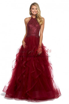 2023 A-Line Halter Ruched Prom Dresses, Burgundy Ruched Glamorous Wedding Party Dresses pds-0006-2