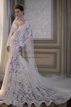 2023 bridal gorgeous beautiful lace embroidered mermaid wedding dress long sleeves V-neck neckline cathedral train bds-0001