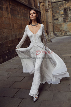 2023 Glamorous Long Sleeves Bridal Jumpsuits, Elegant V-neck Wedding Jumpsuits Disassemble Brush Train bjp-0063