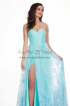 2023 Jade Blue Empire Sweetheart Slit Prom Dresses, Spaghetti Lace Wedding Party Dresses pds-0063-2