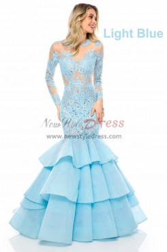 2023 Long Sleeves Light Blue Lace Prom Dresses, Mermaid Multilayer Wedding Party Dresses pds-0058-1