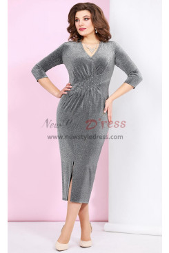 2023 Mid-Calf Charcoal V-Neck Evening Dresses for Mother, Sexy Sheath Wedding Guest Dresses nmo-1035-3