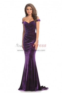 2023 Off the Shoulder Sheath Prom Dresses,Glass Drill Grape Wedding Party Dresses pds-0011-1