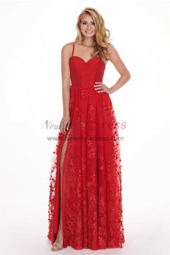 2023 Red Empire Sweetheart Slit Prom Dresses, Spaghetti Lace Wedding Party Dresses pds-0063-3