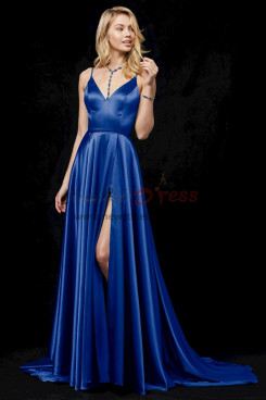 2023 Royal Blue Dressy Spaghetti Evening Dresses, Gorgeous Slit Wedding Party Dresses with Brush Train pds-0056-5