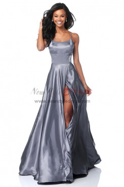 2023 Spaghetti Glamorous Charcoal Bridesmaids Dresses, Sexy A-Line Slit Prom Dresses pds-0057-6
