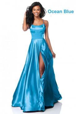 2023 Spaghetti Glamorous Ocean Blue Bridesmaids Dresses, Sexy A-Line Slit Prom Dresses pds-0057-8