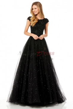 2023 Spring Black A-Line Prom Dresses, Cap Sleeves Sequin Fabrics Wedding Party Dresses pds-0053
