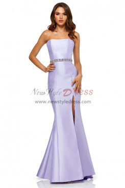 2023 Strapless Sheath Lilac Satin Prom Dresses, Mermaid Wedding Party Dresses With Hand Beading Belt pds-0003-3