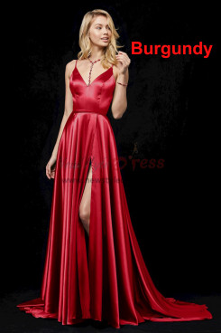 2023 Wine Dressy Spaghetti Evening Dresses, Burgundy Slit Wedding Party Dresses with Brush Train pds-0056-3