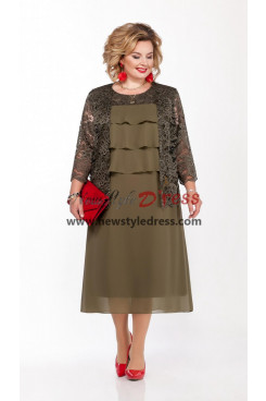 2 Piece flaxen Mother Of The Bride Dresses with Lace Jacket, Mid-Calf Women's Dresses nmo-883