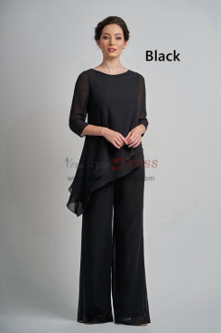 2 Piece Mother of the Bride Pant Suits, Black Chiffon Asymmetry Half Sleeves Elastic Waist Women's Outfits mos-0008-1