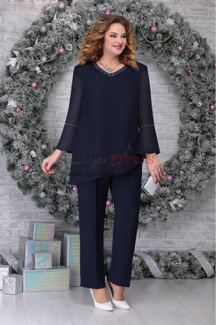 2PC Dark Navy Chiffon Trousers Set for Mother of the Bride outfits nmo-849-1