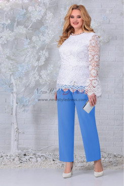 2PC White top & Ocean blue pants Women's Pant suits With Elastic waist,Roupas Femininas nmo-852-1