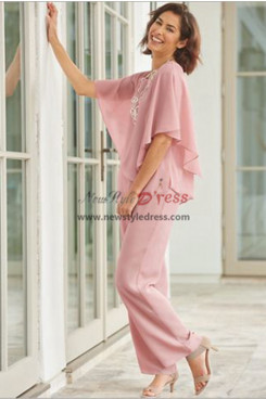 2PC Pink Chiffon Under $100 Mother of the Bride Chiffon Pant Suits nmo-989-1
