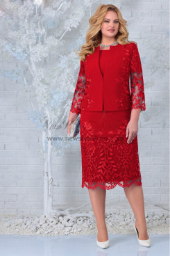 2PC Red Mother of the Bride Dresses With Jacket, Mid-Calf-Length Wedding Guest Dress mds-0050-3