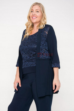 3 PC Dark Navy Plus Size Mother's Pantsuit With Elastic Waist, Women's Trousers Outfit nmo-844-5