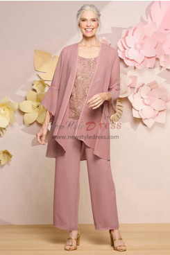 3 PC Elastic Pants Women's Trousers Outfit,Pearl Pink Mother of the Bride Pant Suits mos-0009