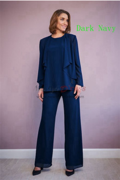 3 Piece Chiffon Mother of the Bride Pant Suits, Dark Navy Elastic Pants Mother Of The Bride Outfits mos-0002-3