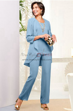 3 Piece Sky Blue Chiffon Mother of the Bride Pant suit, Elastic Pants Women's Outfits mos-0011-3