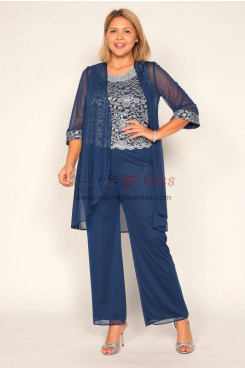 3PC Navy Blue Chiffon Plus Size Women's Pantsuit, Trajes de mujer de talla grande nmo-851