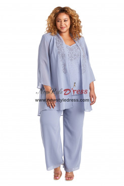 3PC Plus Size Sky Blue Chiffon Woman's Wedding Guest Pant Suits,الدعاوى السراويل النسائية nmo-876-1