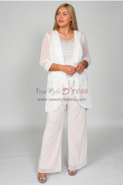 3PC White Chiffon Loose Mother of the Bride Pants Suit, Plus Size Women's Trousers Outfit nmo-843-5