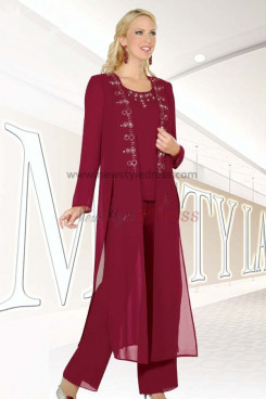 Burgundy Three Piece  mother of the bride pants set with classic long jacket nmo-039